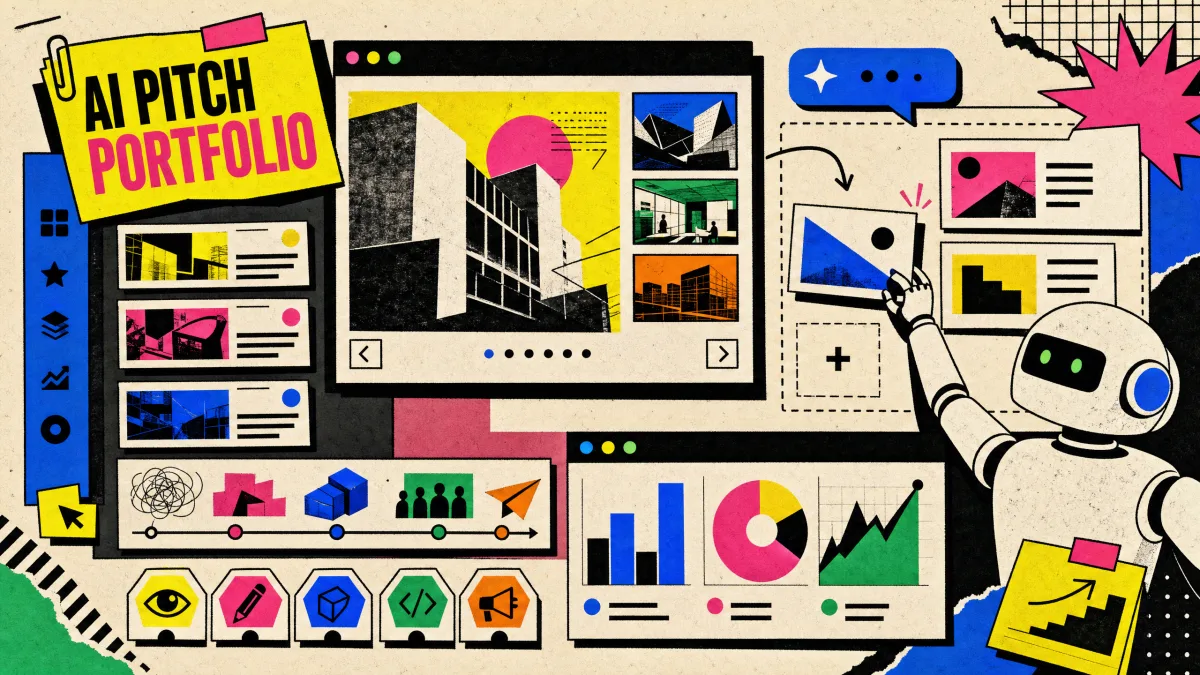 Illustration eines interaktiven Portfolios mit Projektkarten, Timeline und KI-Assistent.