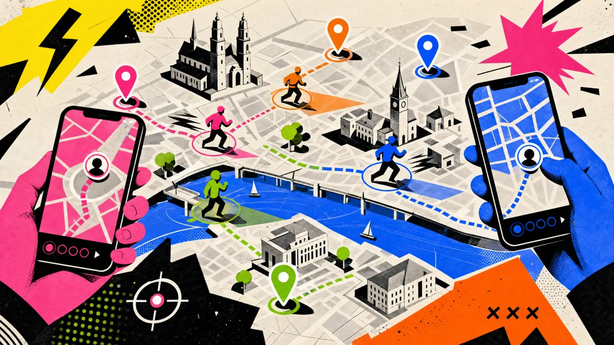 Illustration eines mobilen Live-Games mit Kartenansicht und Spieler-Markierungen.