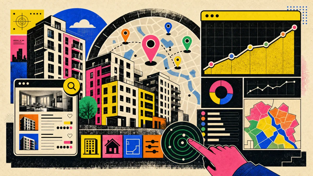 Illustration eines Dashboards mit Wohnungsdaten, Kartenpins und Preisdiagrammen.
